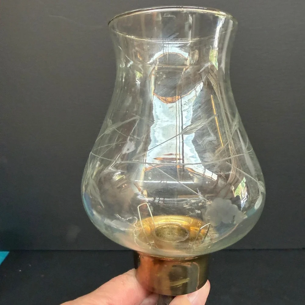 Vintage Brass Hurricane Candle Holder Etched Glass Chimney Enamel Floral 10.5